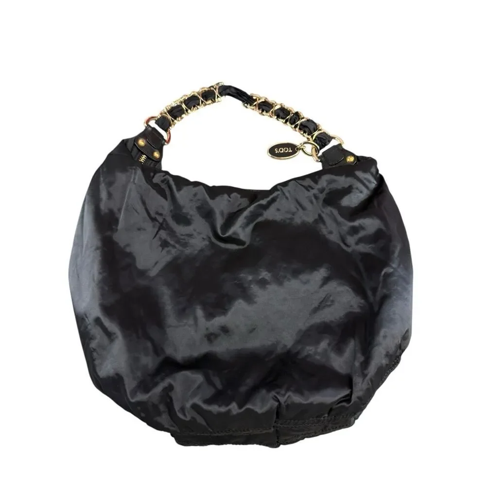 TOD’S Black Hobo Nylon Shoulder Bag w/ Gold Chain Strap & Leather Trim, Italy
